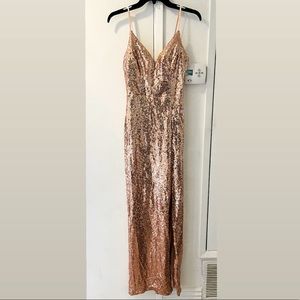 Rose gold fitted strap dress w/ slit